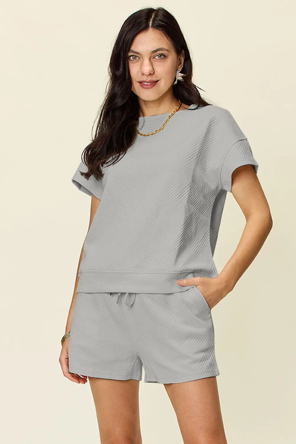 Double Take Full Size Texture Short Sleeve T-Shirt and Drawstring Shorts Set - kinko