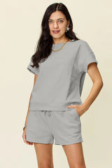 Double Take Full Size Texture Short Sleeve T-Shirt and Drawstring Shorts Set - kinko