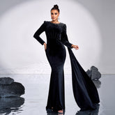 Velvet Round Neck Long Sleeve Rhinestone Evening Dress - kinko