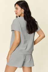 Double Take Full Size Texture Short Sleeve T-Shirt and Drawstring Shorts Set - kinko