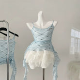 Blue Suit Mesh Stretch Slim Strap Top Lace Cake Dress - kinko