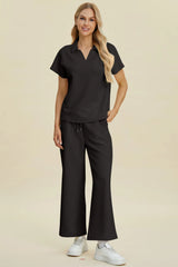 Double Take Full Size Collared Neck Short Sleeve Top and Pants Set - kinko