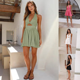 Vintage Women Hollow Out Short Dress Summer V-neck Halter Dress Sleeveless Mini Dresses Backless Holiday Beach Sundress Vestidos - kinko