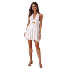 Vintage Women Hollow Out Short Dress Summer V-neck Halter Dress Sleeveless Mini Dresses Backless Holiday Beach Sundress Vestidos - kinko