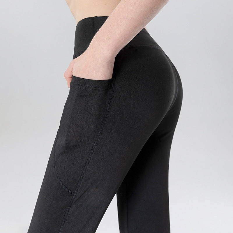 Ladies Mid Waist Abdominal-shaping Slimming Cropped Pants Casual Pocket Bootcut Trousers - kinko