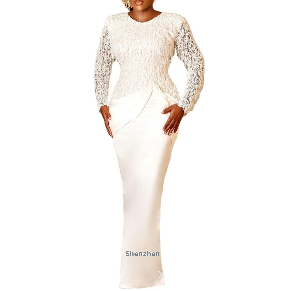 Elegant Lace Tassel Waist-controlled Long Sleeves Mop Dress - kinko