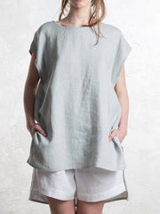 Round Neck Front Short Back Long Short Sleeve Top For Women - kinko