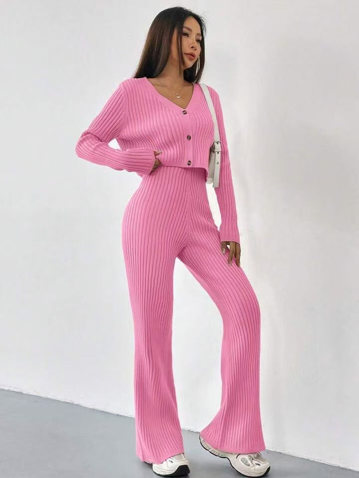 Solid Color Knitted Two-piece Women's V-neck Short Knitted Cardigan Bootcut Trousers Versatile Casual Women's Clothing - kinko
