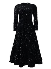 Women's Round Neck Long Sleeve Pure Color Sequins Mid-length Formal Dress - kinko