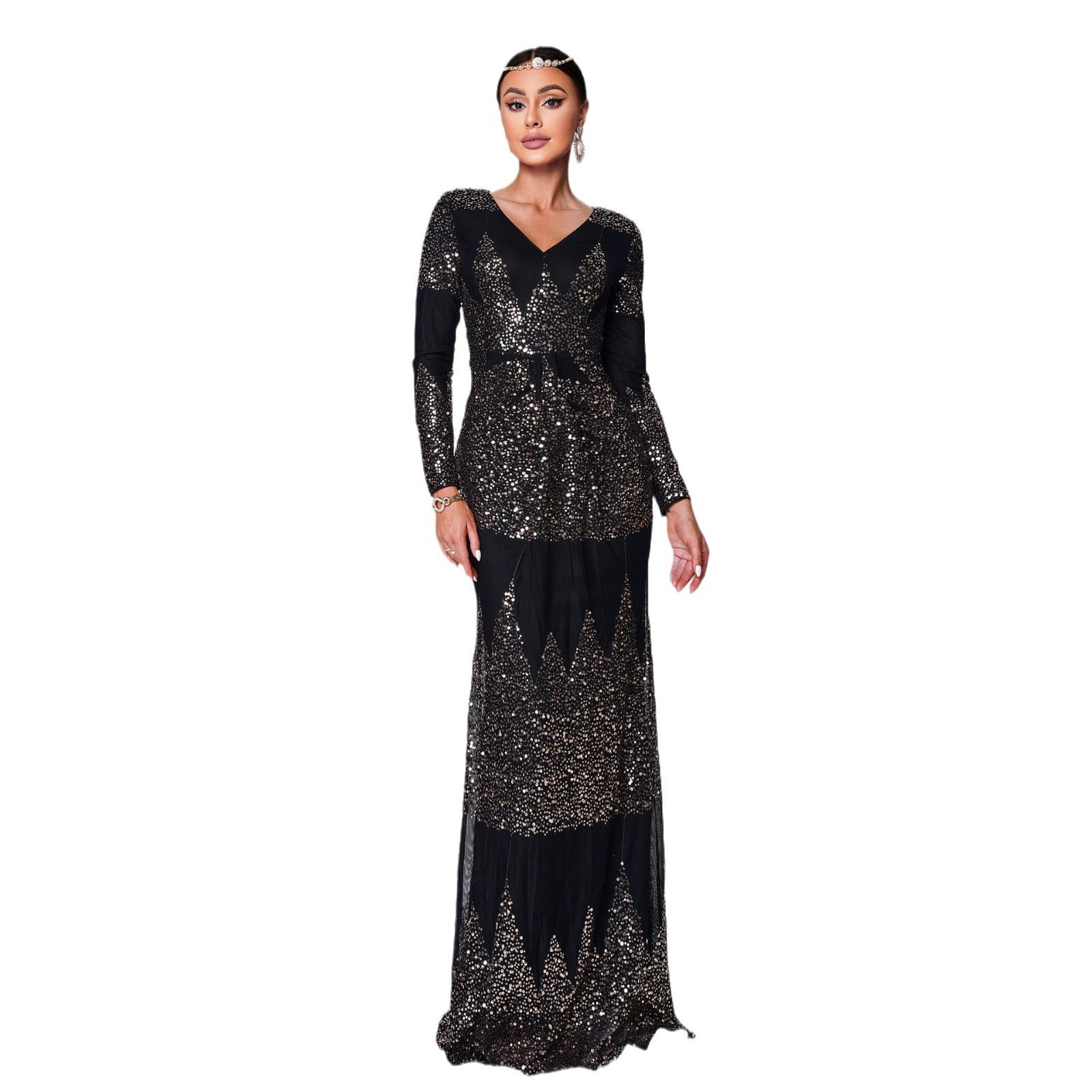 Long Sleeve V-neck Sexy Slim-fit Long Sequined Banquet Evening Dress - kinko