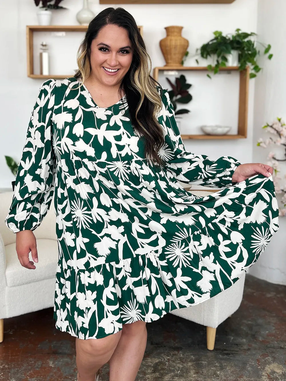 Double Take Full Size Printed Ruffle Hem Dress with Pocket - kinko
