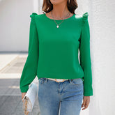 Women's Solid Color Casual Ruffle Edge Long Sleeved Shirt - kinko