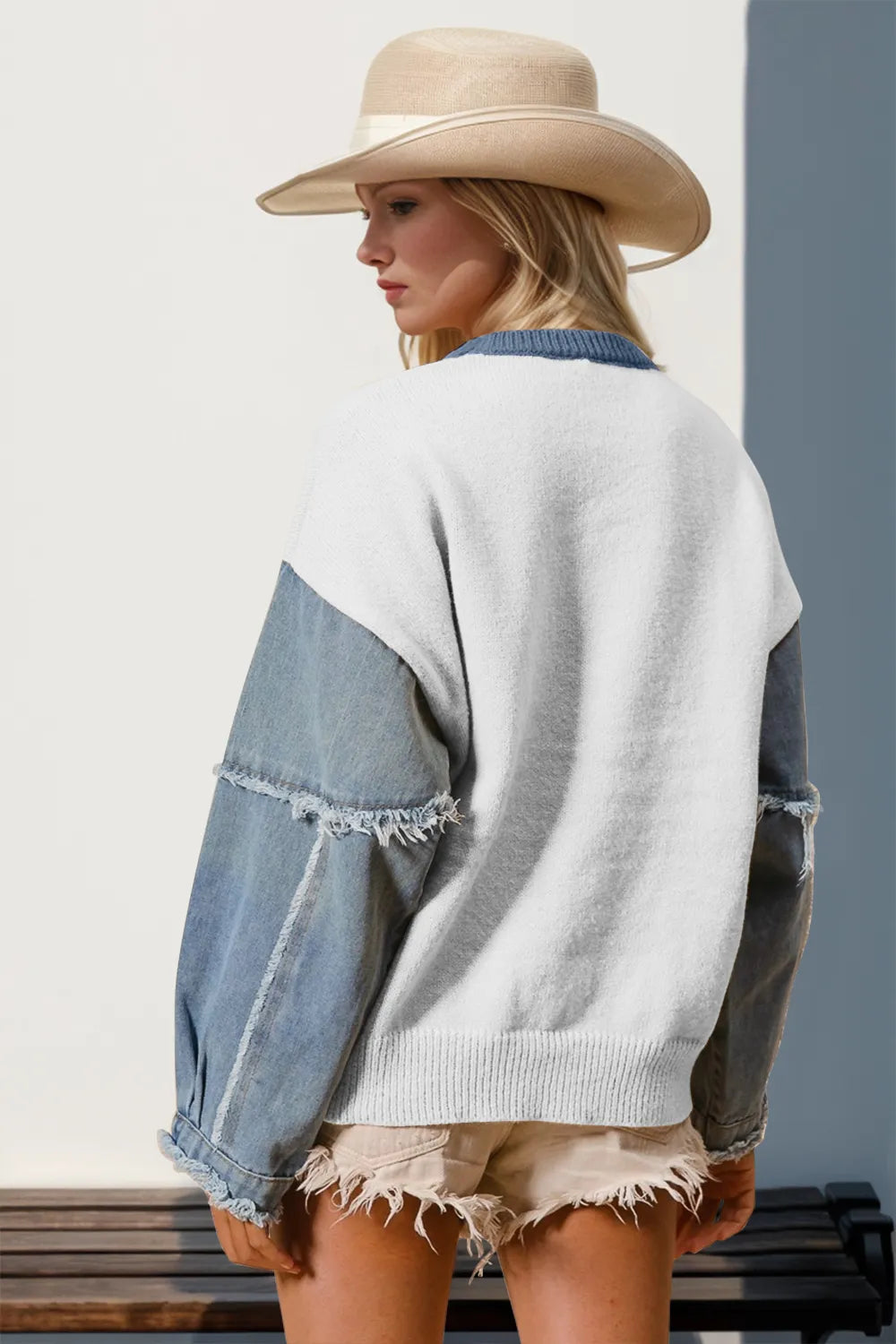 Double Take Full Size Star Pattern Raw Edge Long Sleeve Sweater - kinko