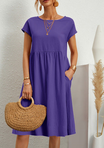 Summer Short-sleeved Dress With Pockets Fashion Solid Round Neck A-line Dresses For Women Clothing - kinko
