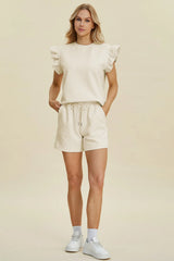 Double Take Full Size Texture Round Neck Ruffle Sleeve Top and Shorts Set - kinko