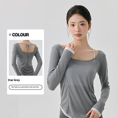 Loose Casual High-grade Yoga Clothes Blouse Hem Contrast Color Light Breathable Sexy Backless - kinko