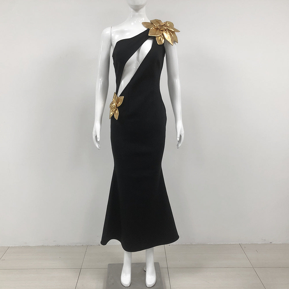 Slim-fit Bandage Golden Flower Maxi Dress - kinko