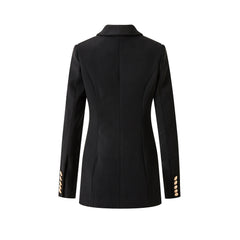 Double Breasted Pure Black Waist Slim-fit Commute Blazer Collar Coat - kinko