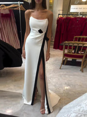 Strapless Black And White Contrasting Slit Dress - kinko