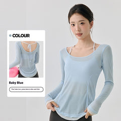 Loose Casual High-grade Yoga Clothes Blouse Hem Contrast Color Light Breathable Sexy Backless - kinko