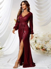 Sequined V-neck Long Sleeve High Slit Slim Fishtail Prom Evening Dress - kinko