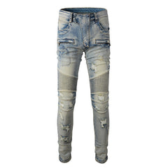 Hand Frayed Beggar Style Distressed Slim Stretch American Men's Jeans - kinko