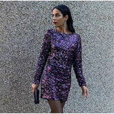 French Style Retro Crew Neck Long Sleeve Sequined Backless Dress - kinko