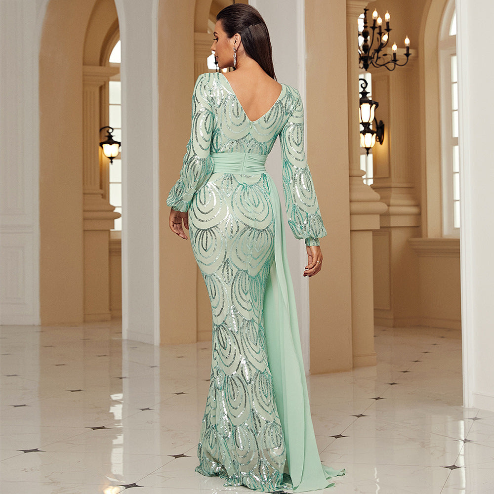 Long Sleeve Sexy Long Sequined V-neck Banquet Ribbon Evening Dress - kinko