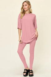 Double Take Full Size Round Neck Dropped Shoulder T-Shirt and Leggings Set - kinko