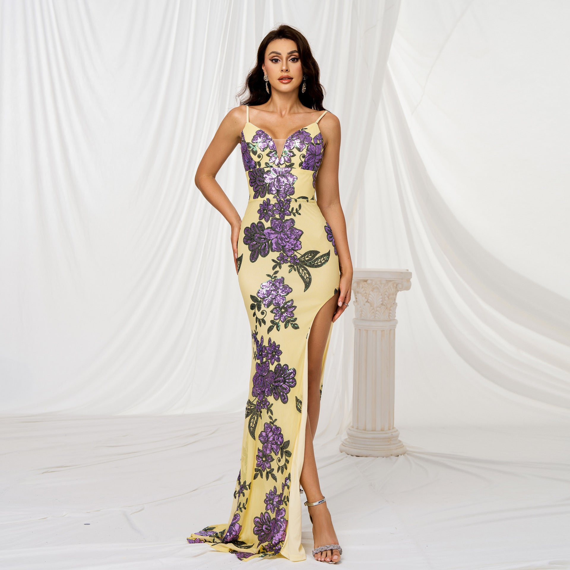 V-neck Brace Slim-fit Sheath Sequined Slit Evening Dress - kinko