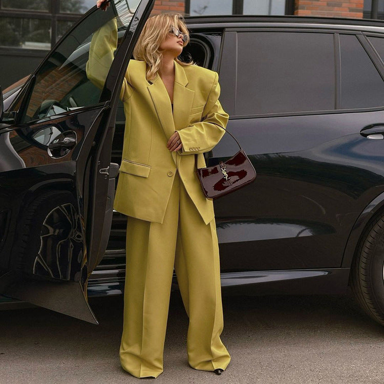 Long Sleeve Lapel Baggy Coat High Waist Wide Leg Pants Two-piece Set - kinko