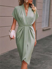 Summer Batwing Sleeve Dress Fashion V-neck Short Sleeve Pleated Dresses Womens Clothing - kinko