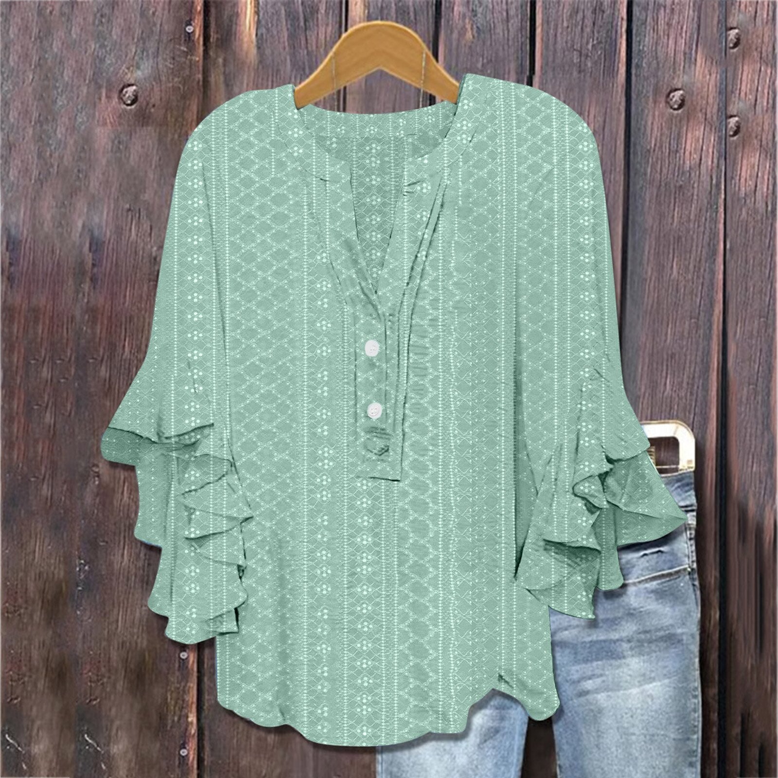 Printed Casual Trend V-neck Flounce Sleeve T-shirt - kinko