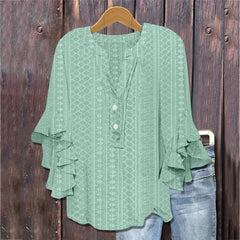 Printed Casual Trend V-neck Flounce Sleeve T-shirt - kinko