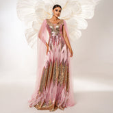 Mesh Long Sleeve V-neck Sequins Large Swing Evening Dress - kinko
