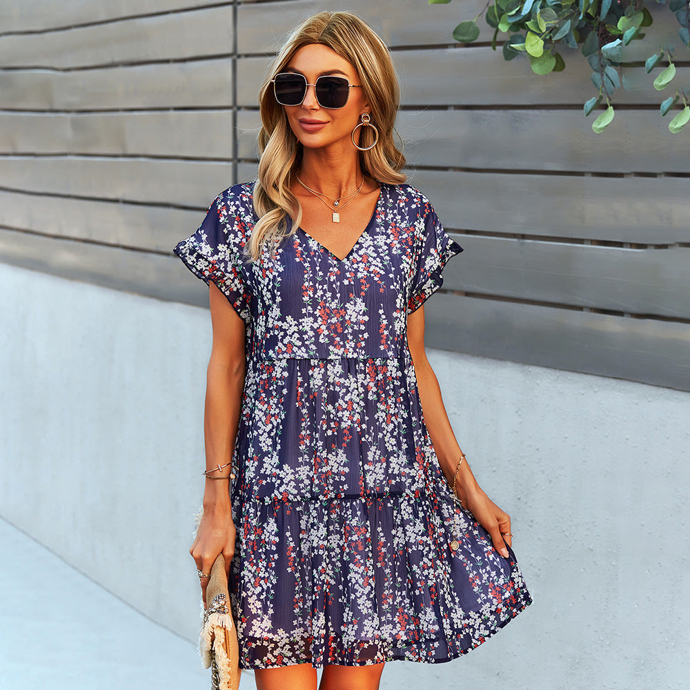 Flowers Print Short-sleeved Dress Summer Loose Chiffon A-line Dresses Fashion Casual Holiday Beach Dress For Womens Clothing - kinko