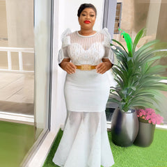 Women's Heavy Embroidered Hot Diamond Beads Night Banquet Light Luxury Evening Dress Fishtail Skirt - kinko