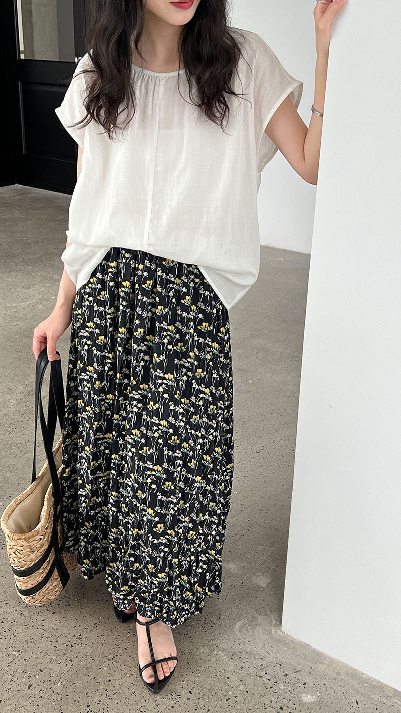 Vintage Floral Women's Summer Loose Pleated High Waist Drooping A- Line Umbrella Skirt - kinko