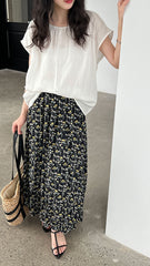 Vintage Floral Women's Summer Loose Pleated High Waist Drooping A- Line Umbrella Skirt - kinko