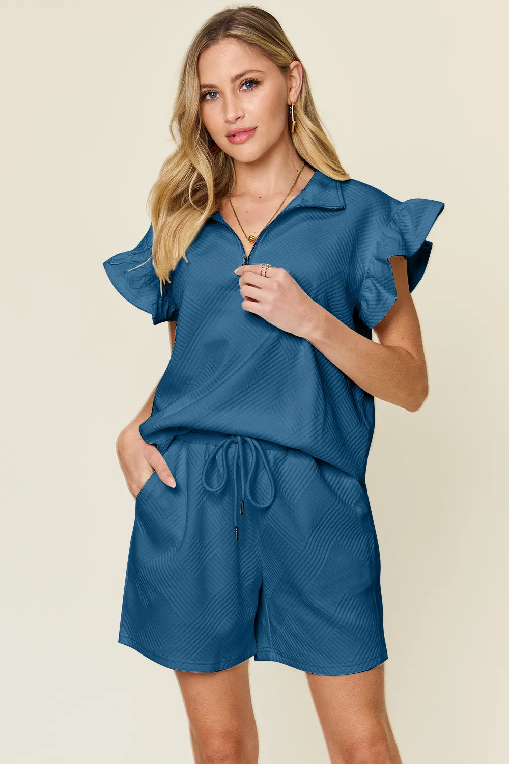 Double Take Full Size Texture Flounce Sleeve Top and Drawstring Shorts Set - kinko