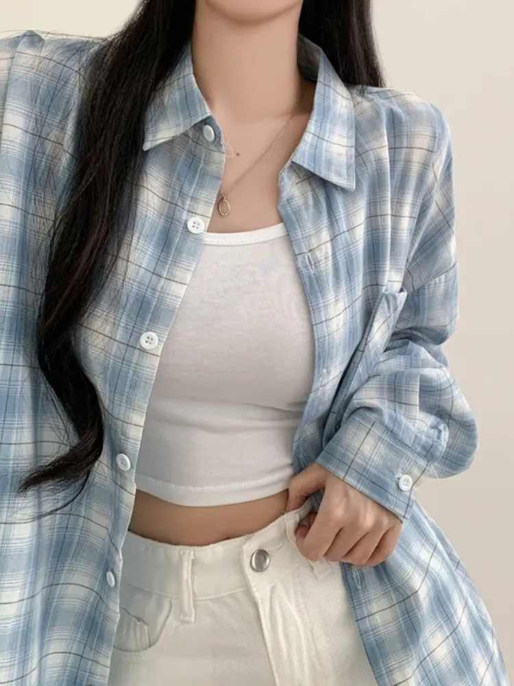 Blue Plaid Shirt For Women Loose Long Sleeve Jacket - kinko