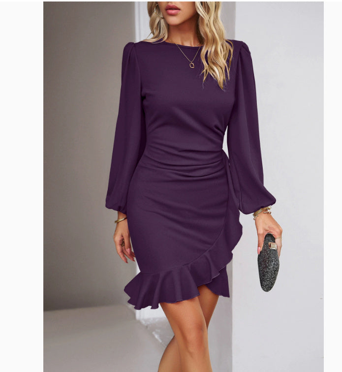 Women's Puff Long Sleeve Dresses Fashion Graceful Solid Color Slim Hip-covering Short Dress Womens Clothing - kinko