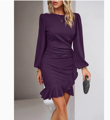 Women's Puff Long Sleeve Dresses Fashion Graceful Solid Color Slim Hip-covering Short Dress Womens Clothing - kinko