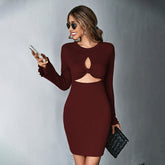 Women's Hollow Out Sexy Short Waffle Flared Sleeve Wrap Hip Long Sleeve Dresses - kinko
