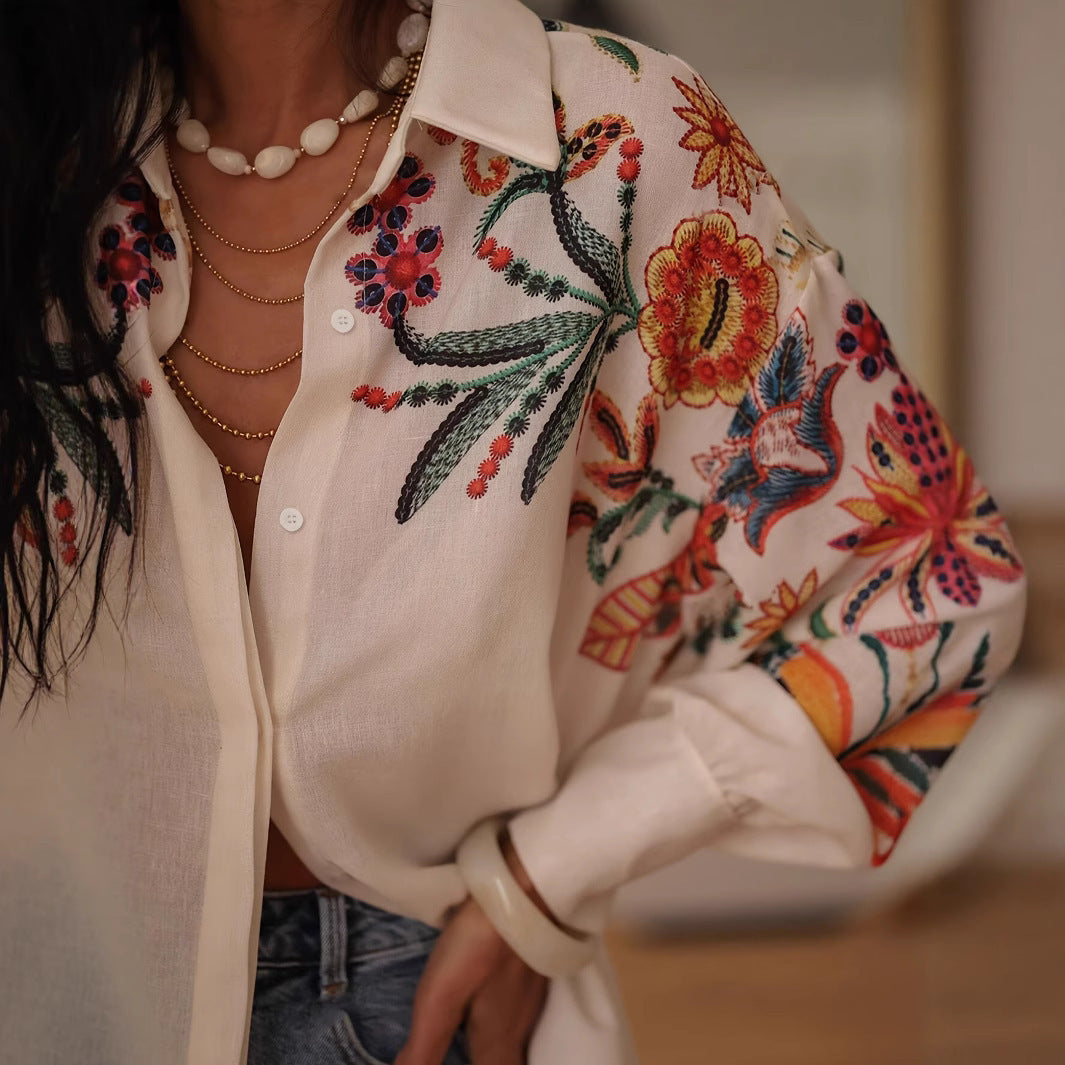 Loose Long Sleeve Printed Shirt Top - kinko