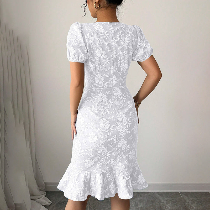 Women's Floral Jacquard Dress Women's Short Puff Sleeve Crew Neck Ruffle Hem Bodycon Dresses - kinko