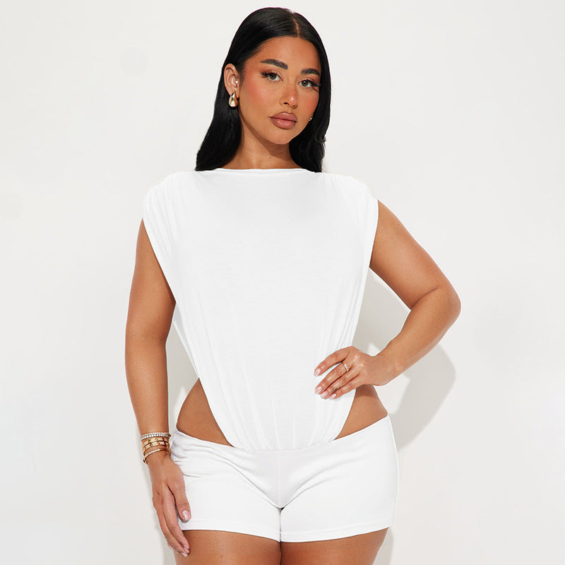 Women's Sleeveless Two-piece Hollow Siamese Top And Tight Shorts - kinko