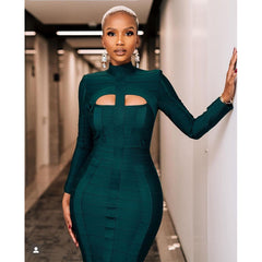 Dark Green Stand Collar Long Sleeve Slim Fit Bandage Dress - kinko