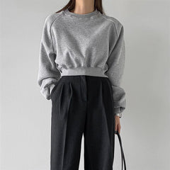 Round Neck Waist Trimming High Waist Short Sweatshirt - kinko