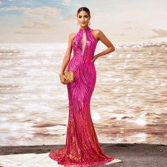 Round Neck Off-the-shoulder Slim-fit Sheath Sequined Banquet Fishtail Evening Dress - kinko